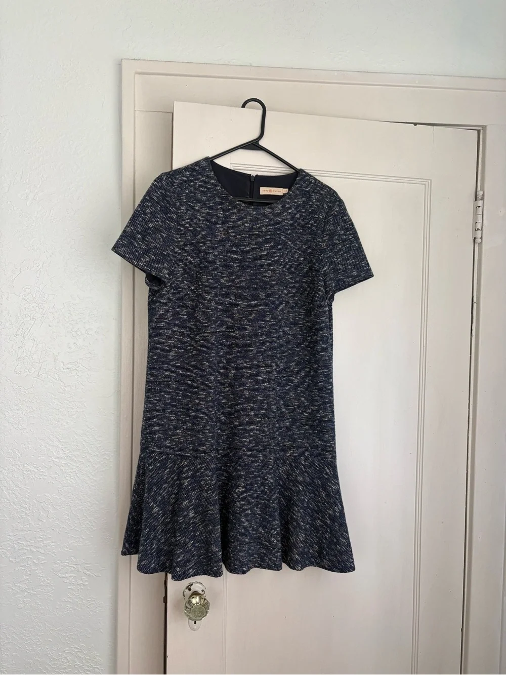 Tory Burch Short-Sleeve Knit Flared Hem Dress in Navy Speckle